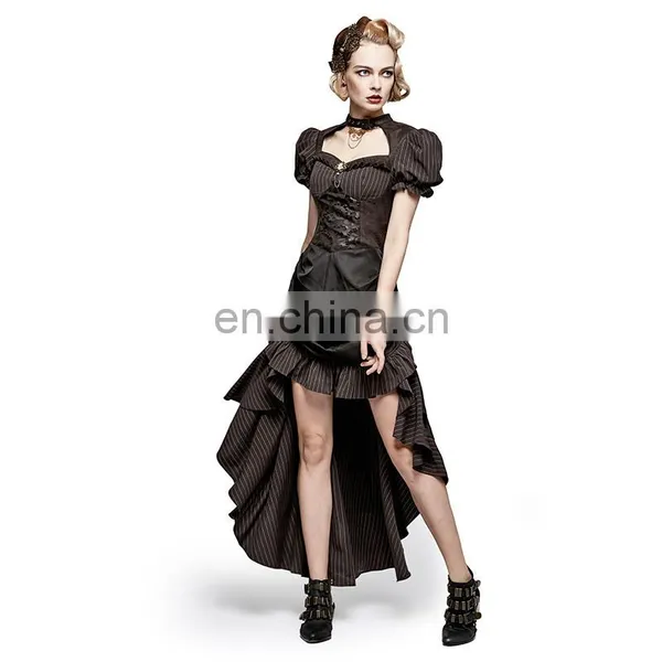 Steampunk Punk Rave Black Brown Short Puffed Sleeves High-low Long Dress Q-315 photo-5