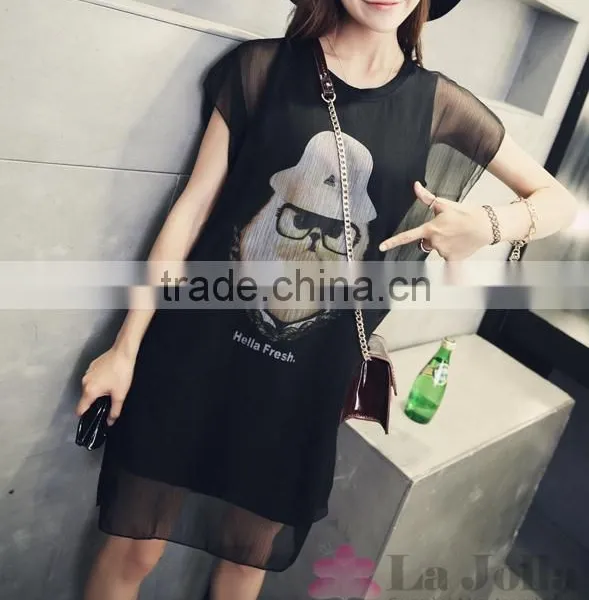 2016 Summer Fashion Ladies Printed Chiffon False Two-piece Sexy Short Sleeves T-shirt 143