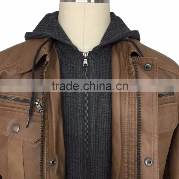 Man Wear Supplier Good Quality New Fashion Wholesale Brown PU Leather Jacket With Hood photo-5