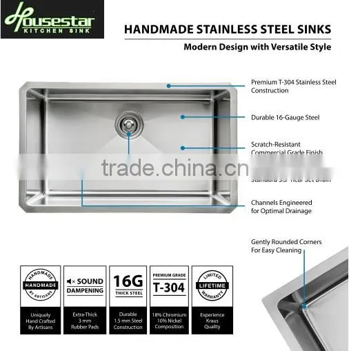 CUPC Certified Undermount Handmade Single Stainless Steel Kitchen Sink HS3018 photo-2