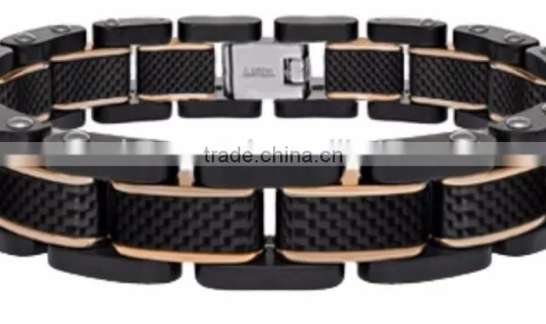 Fashion Men's Stainless Steel & Carbon Fiber Polished Bracelet Wholesale photo-3