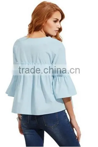 Women's Bell Sleeve Ruffle Trim Round Neck Pleated Blouse photo-2