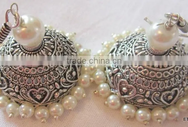 Silver Tone Jhumka Pearl Bollywood Dangler EARRINGS photo-3