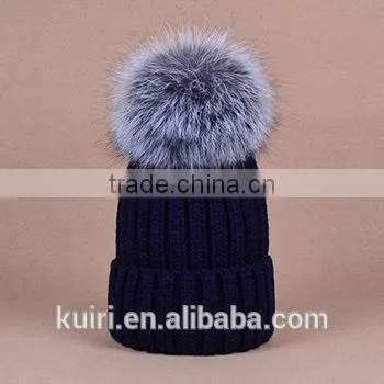 Knitted Hat With Snap Silver Fox Fur Ball on Top photo-5