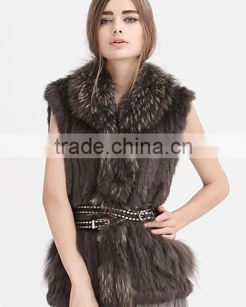 YR644 Women Genuine Rabbit Hand Knit With Raccoon Fur Waistcoat Yanran Fur Factory OEM Order Fur Gilet photo-4