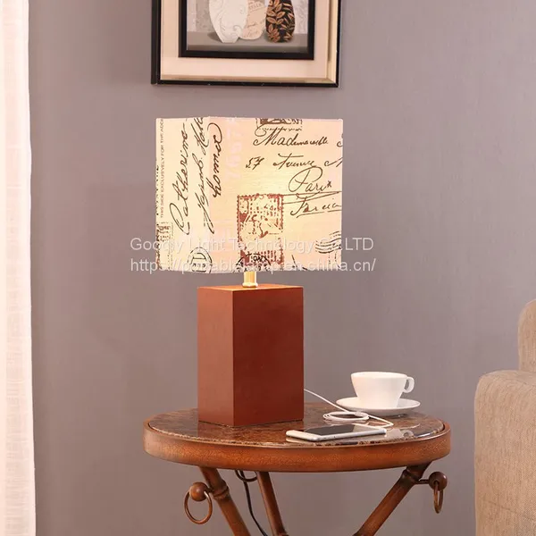 LED Light,Fast Charge Wood USB Side Table and Desk Lamp With Screen Line Fabric Shade,Touch Switch photo-4