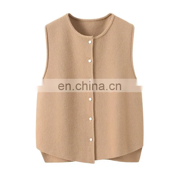 Inner Mongolia Erdos Casual Crew Neck Button Vest for Women Knitted Woolen Cashmere Tops With Embroidered Logo Outer Wear