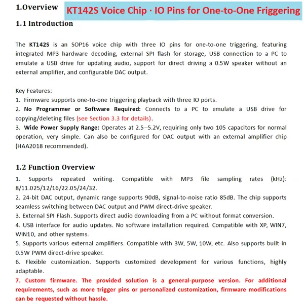KT142S Voice Chip MP3 Player Module 3 Trigger I/O USB Update 0.5W Speaker Support DAC Output Sound IC for DIY Electronics Gift Christmas Jewel Case photo-4