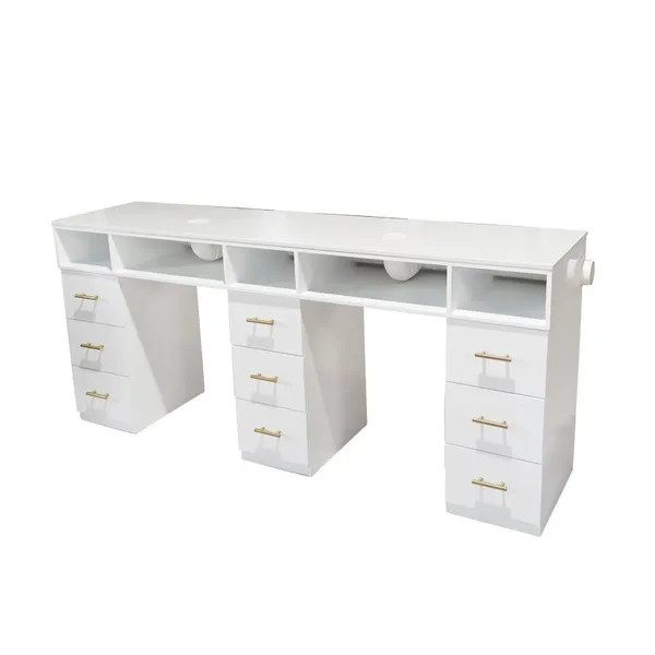 Luxury White Leather Tufted Nail Table for Nail Manicure Salon With Dust Collector & Drawers for Workshops photo-2