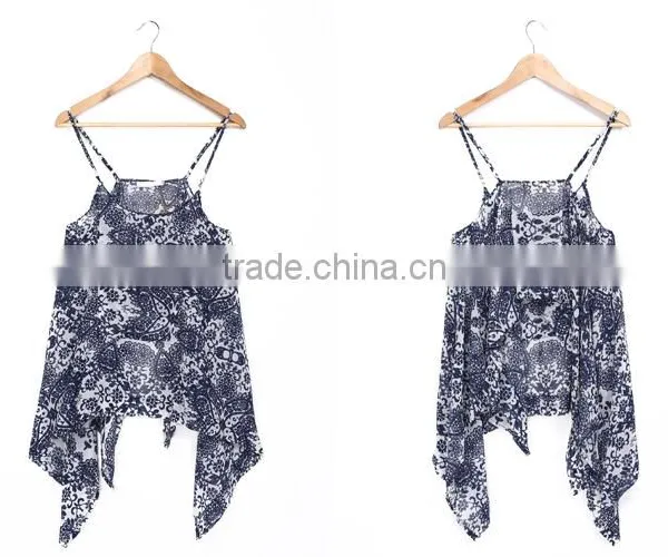 American Casual Garment Spaghetti Irrgular Hem Flower Printed Tops photo-5