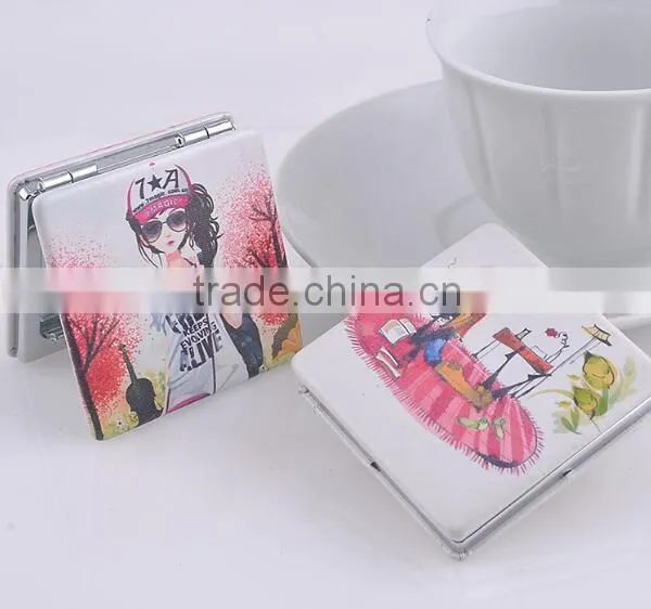 2016 Promotion Stainless Steel pu Leather Folding Compact Mirror photo-2