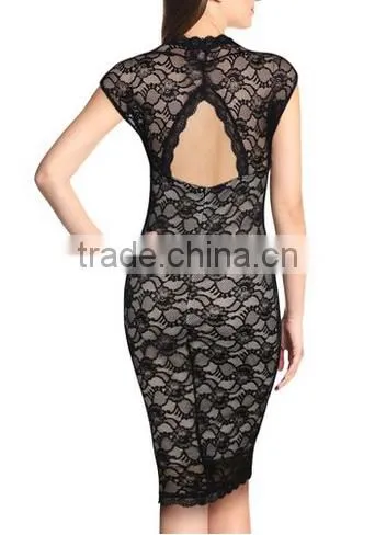 Women's Deep-V Neck Black Floral Lace Halter Evening Dress photo-2