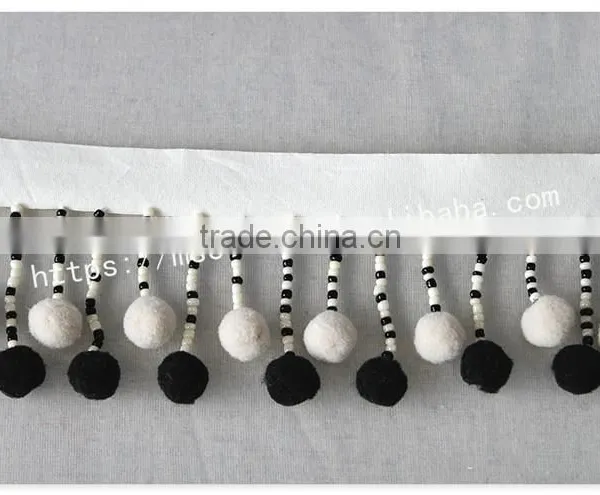 Newest 7cm Width Black/white Handmade Beaded Pom Pom Fringe Wholesales photo-2
