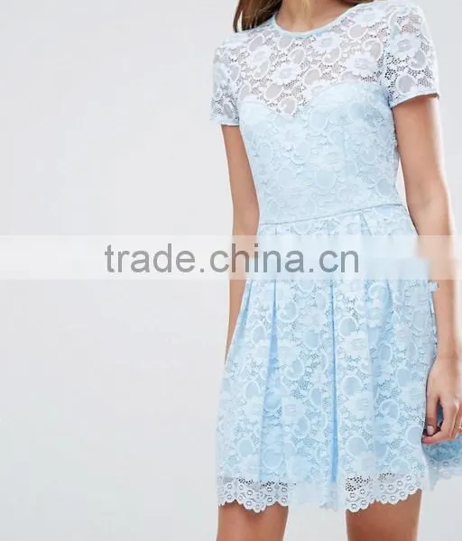 Guangzhou Clothing OEM Blue Pleated Skirt Lace Mini T-Shirt Dress photo-3