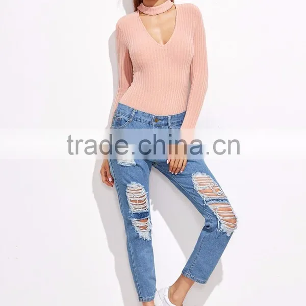 Pink Cut Out Mock Neck Zipper Back Ribbed Bodysuit Cotton Blends Long Sleeve Sexy V Neck Sweater photo-5
