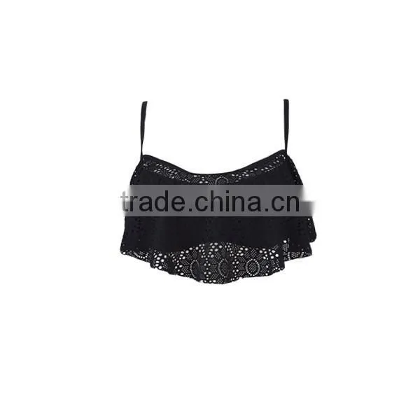 Black Bikini Set With Flouncy Ruffle and Floral Cutouts at Top and Scrunch Bottom photo-2