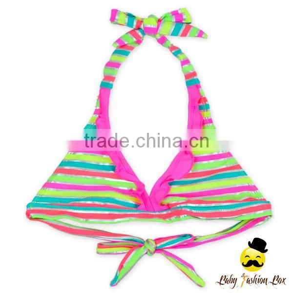 Summer New Model Design Fluorescence Color Striped Halter Separable Type Teen Girl Bikini Bra Swimwear photo-5