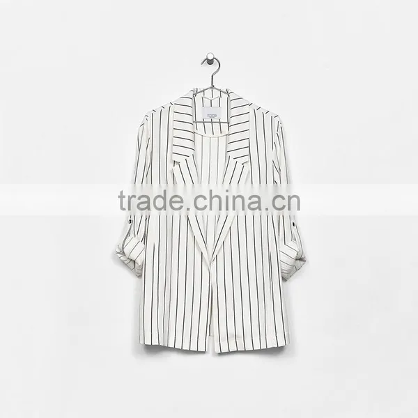 Long Flowing Jacket With Rolled up Sleeves Striped Blazer Coat Womens photo-6