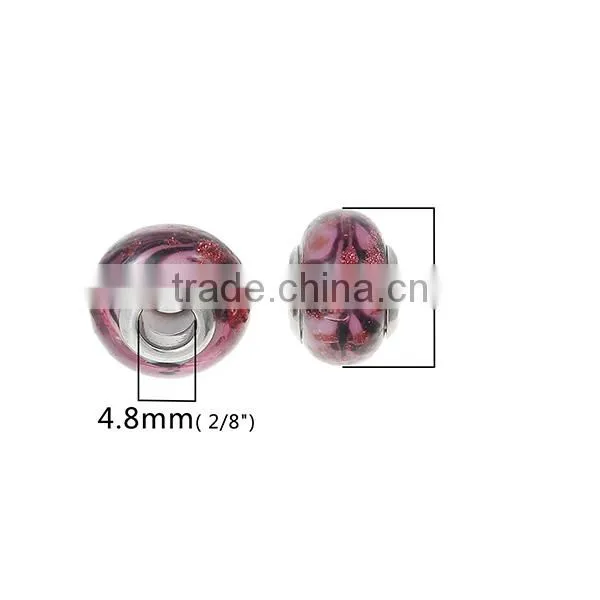 Lampwork Glass European Style Large Hole Beads Round Red Brown Pattern With 304 Stainless Steel Silver Tone Core photo-2