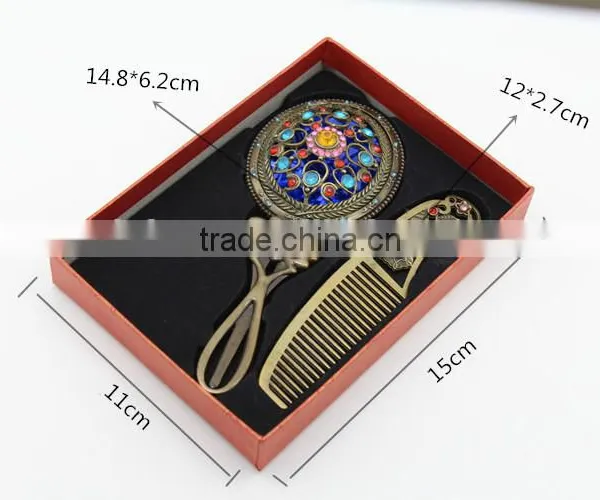 Retro Rhinestone Ladies Makeup Compact Pock Hand Held Mirror Hair Comb Set photo-4
