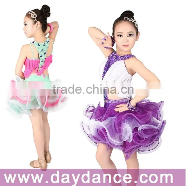 Girls Fringe Latin Dance Wear Color Contrast Fluffy Skirt Dance Costumes For Kids Competition