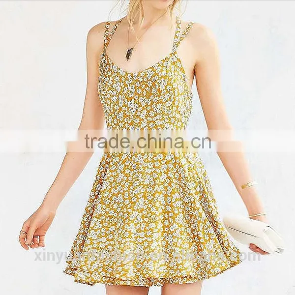 2017 Girls Spaghetti Strap Summer Dress Women Ladies Sexy Backless Flower Printed Chiffon Dress photo-2