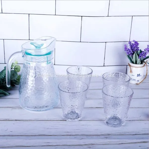 Hammer Pattern Design Glass Water Jug Set 1 Glass Water Pitcher and 4 Water Cups photo-4
