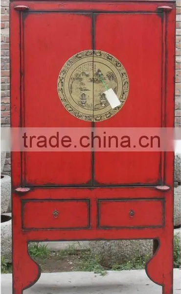 Chinese Antique Red Wedding Shanxi Wardrobe Cabinet