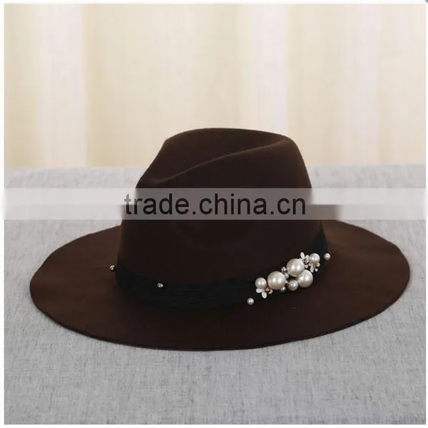 Custom Female Fedora Hat Ribbon Beads Imitation Wool Hat Wide-brimmed For Autumn Winter photo-3
