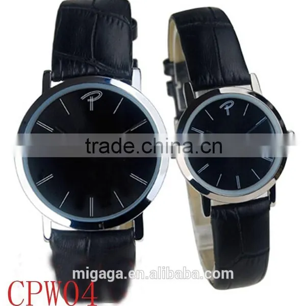 Concise 2 Hands Analog Men Women Thin Casual Couple Watch Leather photo-5