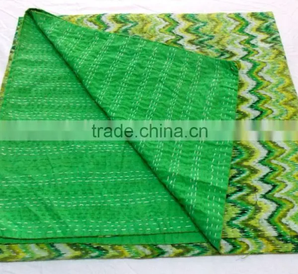 Exclusive Multi Ikat Print Kantha Quilt Queen Size Cotton Bed Cover Reversible Printed Kantha Throw Hand Kantha Work With Ikat photo-2