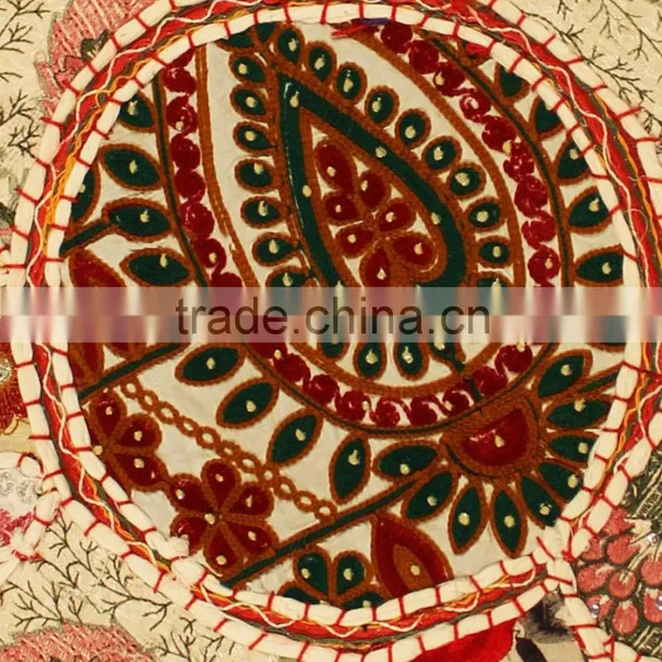 White Round Yoga Cushions Indian Handmade Embroidered Round Decorative Pillows photo-3