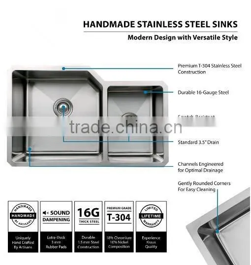 Undermount 60/40 Double Bowl 16 Gauge Stainless Steel Kitchen Sink for Prefab Homes photo-3