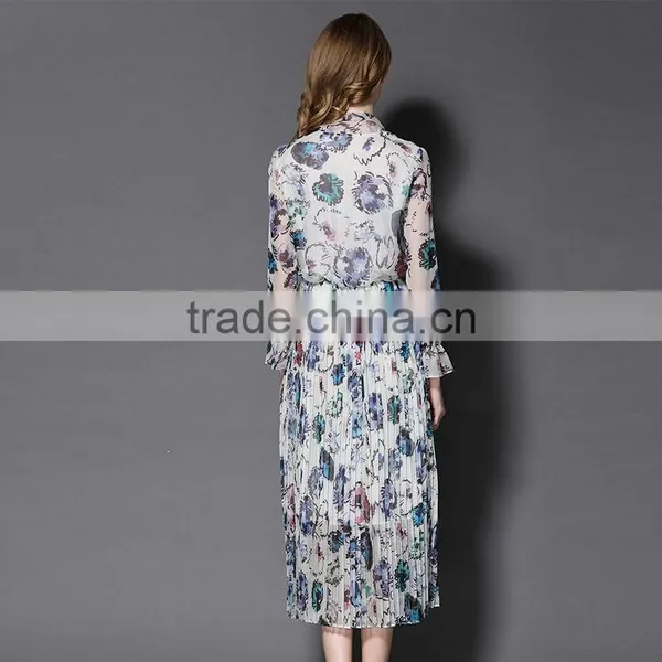 Maxnegio Elegant Maxi Long Sleeve Office Chiffon Pleated Maxi Dress photo-5