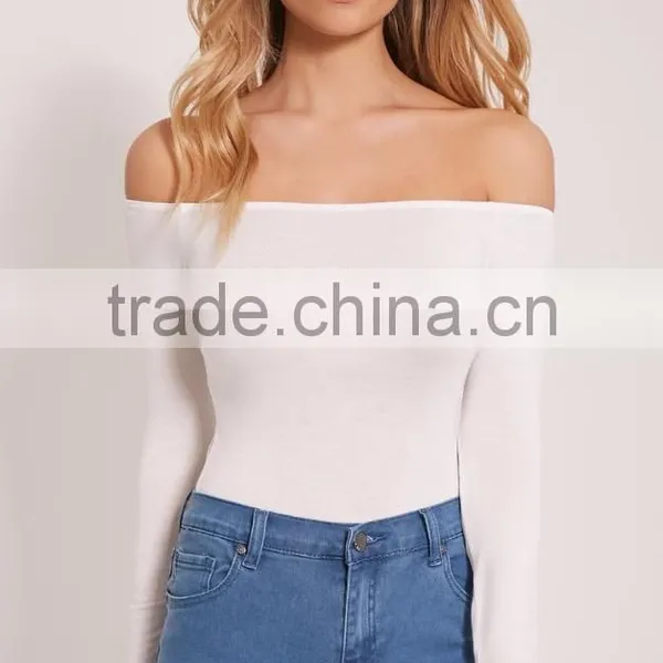 Long Sleeve Jumpsuit With High Leg Cotton Soft Basic White Off Shoulder Sexy Thong Bodysuit photo-3