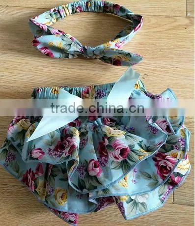 Blue Floral Printed Baby Underwear Ruffle Diaper Cover Infant Baby Bloomers photo-3