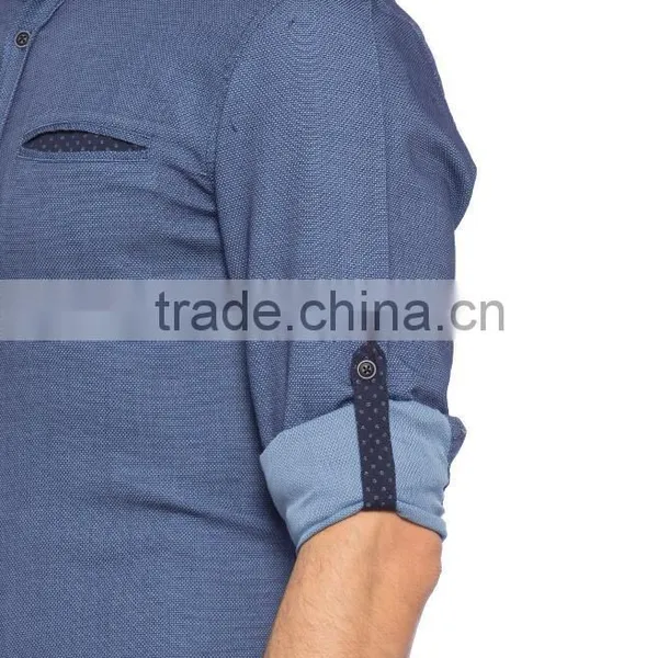 Blue Solid Super Skinny Long Sleeve Buttonless Men Shirt photo-4