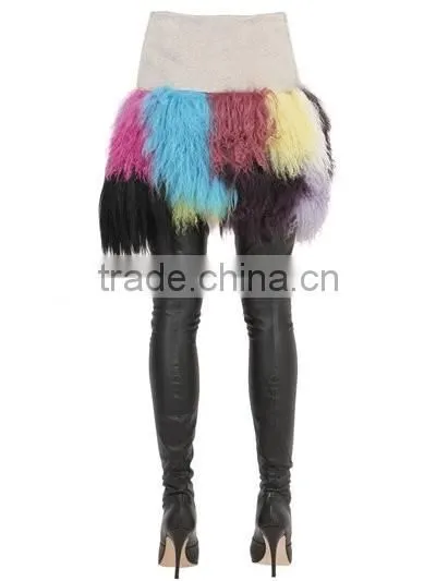 YR947 Fringed Patchwork Mongolia Wool Skirt Real Timbet Lamb Fur Skirt photo-4