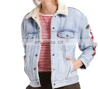Factory OEM Embroidered Sherpa Lining Womens Denim Jacket photo-3