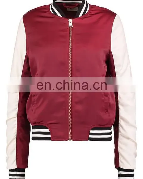 Lightly Padded Women Polyester College Plain Satin Baseball Jacket photo-6