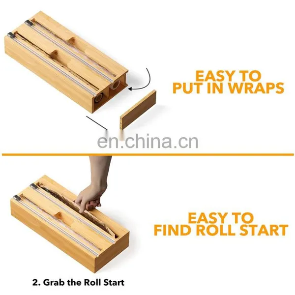 Hot Sale Custom Bamboo Wood Refillable 2 in 1 Plastic Wrap Foil Wrap Dispenser With Slide Cutter Kitchen Storage Dispenser photo-4