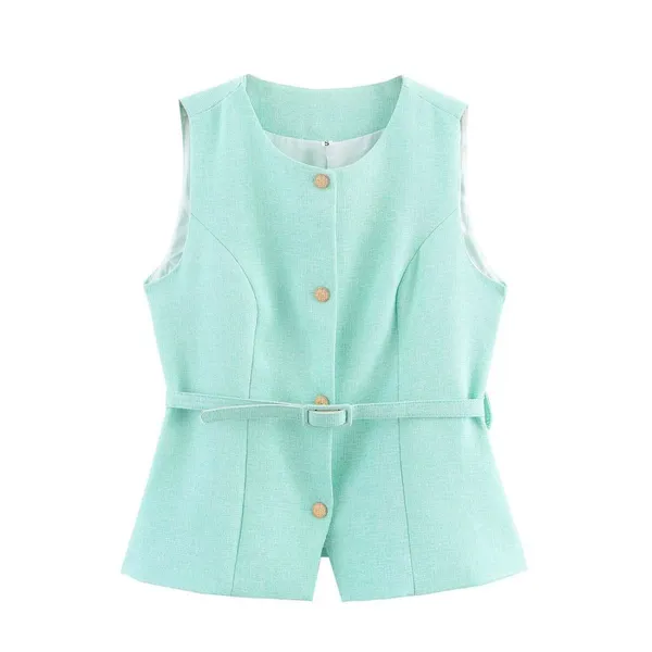 New European and American Style Women's Fashionable Casual Wear With Belt, Woolen Sleeveless Round Neck Top