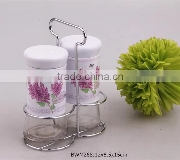 Glass Spice Jar Set With Nice Decal in a Metal Stand