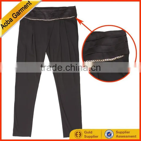 New Fashion 100% Polyester Black Color Waist Pleated Trousers For Girls
