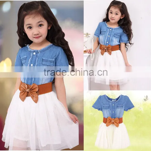 Baby Girl's Kids Children Fashion Princess Denim And Tulle Stitching Bow Dress Skirt With Belt 3-8Y SV001489