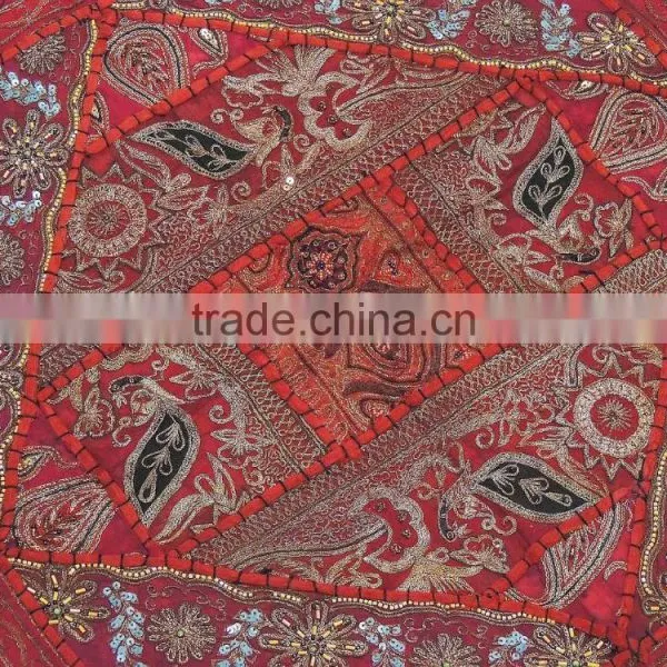Large Square Pillow Sham - Red Zari Embroidery Peacock Floor Cushion 26 Inch photo-3