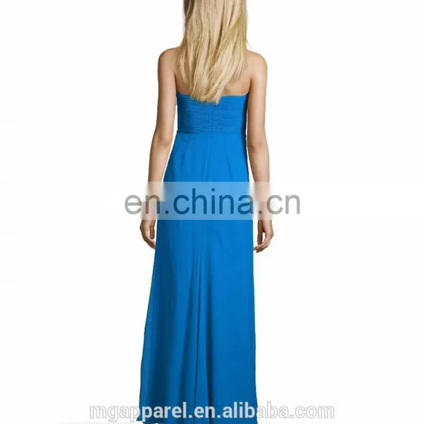 Lagoon Blue Chiffon Strapless Thigh High Slit Long Evening Dress photo-4