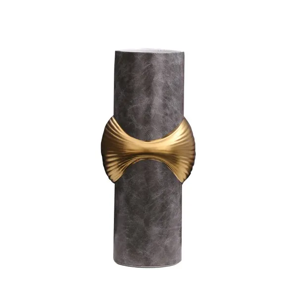 Light Luxury Classcial Grey Leather Gild Convex Ceramic Vase Decor For Dry Fresh Flower photo-5