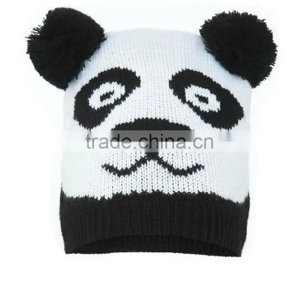 100% Acrylic Panda Pattern Jacquard Hat With Bobbles