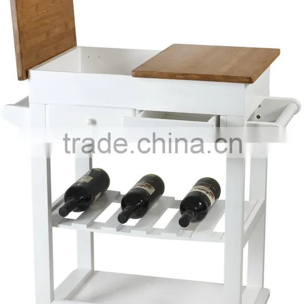 Modern Wooden Bamboo Kitchen Serving Trolley With Table Boards Drawers Wine Bottle Holder Rack Shelf and Pushing Handles Casters photo-2